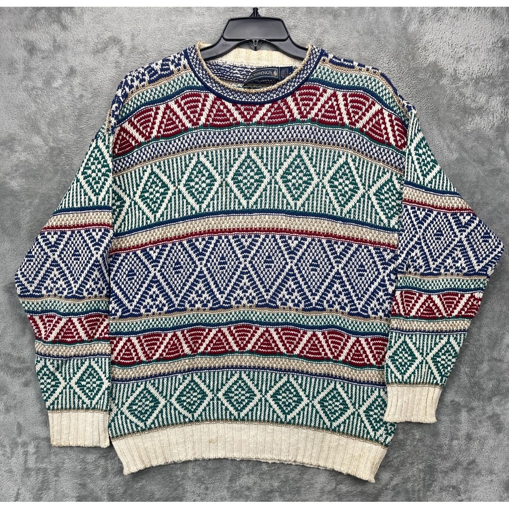 VTG Crossings Mens Knit Sweater Sz‎ L Geometric Grandpa 90s Texture